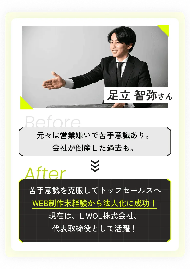 元々は営業嫌いで苦手意識あり。会社が倒産した過去も。苦手意識を克服して受注を量産し、WEB制作未経験から法人化に成功！現在は、LIWOL株式会社、代表取締役として活躍！