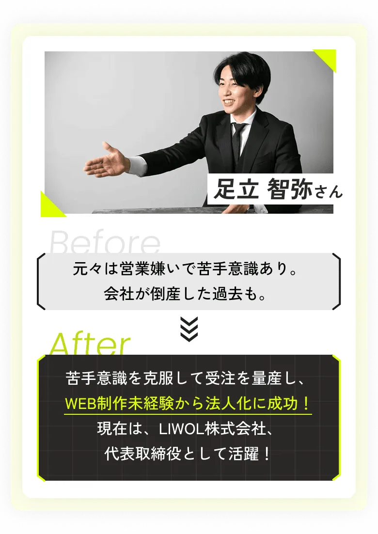 元々は営業嫌いで苦手意識あり。会社が倒産した過去も。苦手意識を克服して受注を量産し、WEB制作未経験から法人化に成功！現在は、LIWOL株式会社、代表取締役として活躍！